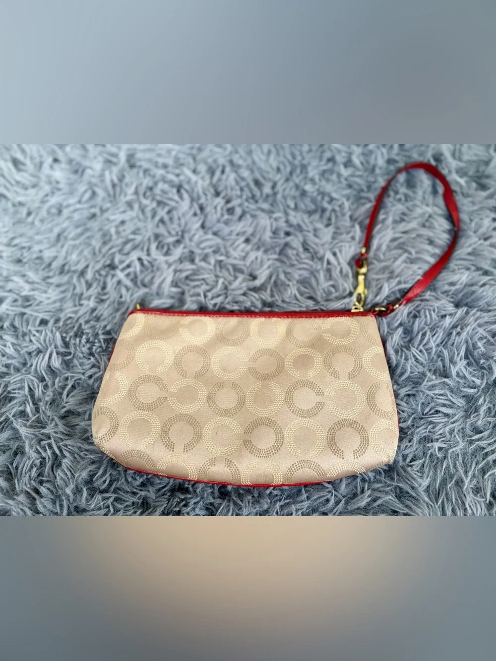 Coach Beige Signature Canvas clutch gold with Red Leather Trim good condition